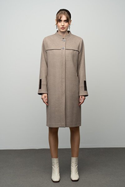 Olcay Nadměrná velikost převažující límec čtvercový vzorovaný kašmírový kabát - Vizon 3026