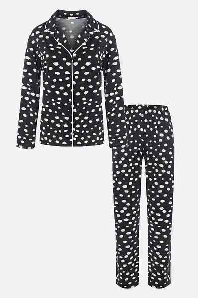 koza iç giyim Women's Shirt Collar Speckle/Dots Patterned Pajamas Set with Intermediate Piping Detail