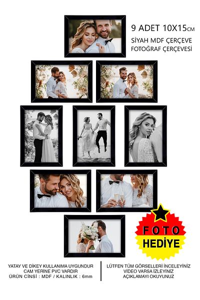 Bytwo 9 PCS 10X15 BLACK FRAME MDF - MULTI PHOTO FRAME