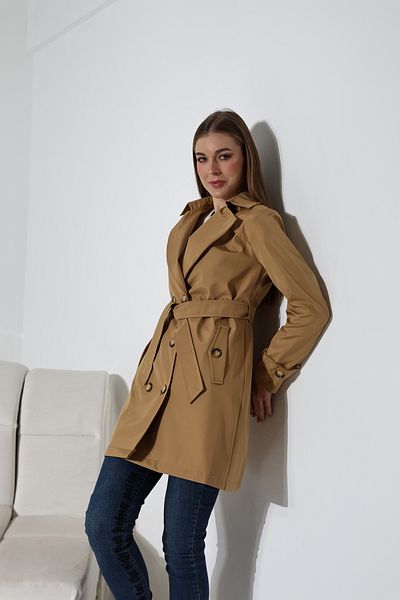 B.HE.Z Women's Lined Belted Pocket Water Repellent Fabric Crop Trench Coat