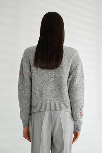 Robin Kadın Gri Kalp Taşlı Triko Kazak