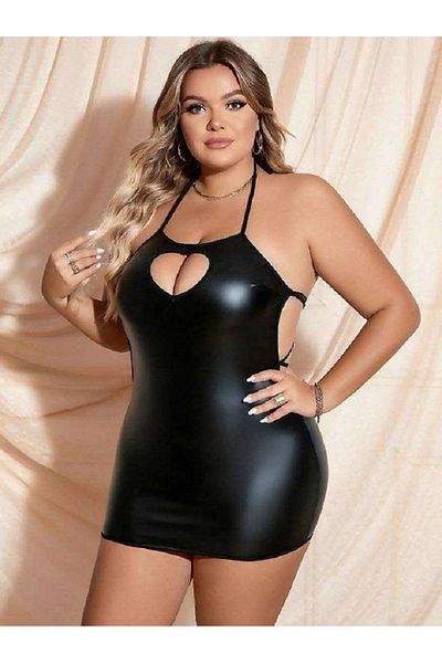 Bleu Petite Costum negru de marime mare, decoltat, din piele artificială