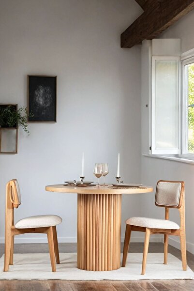 Woodenbend Mirla Döşemeli Natural Ahşap Yuvarlak Masa Sandalye Takımı 90x90 2...