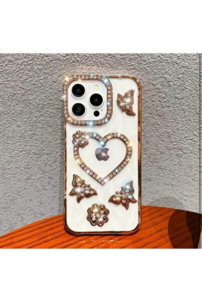 Sphone İphone 16 Pro Max Kılıf Kamerası Kenarları Elmas Parlak Taşlı Simli Kalp Kelebek 3D Arkası Şeffaf