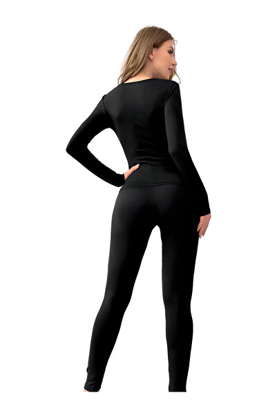 Wear Tight Women's Black Sports Look Thermal Underwear Bottom Top Set
