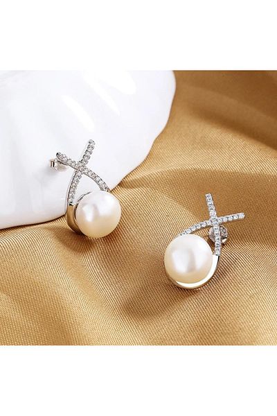 toptanhanem Elegant Pearl and Zircon Stone Steel Earrings - Tarnish and Antiallergic - Silver Color