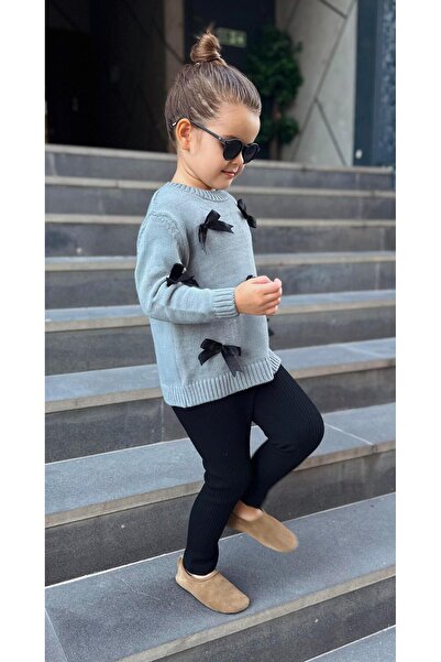 Magu Knitwear Bow Detailed Sweater Leggings Bottom-Top Set Girl's