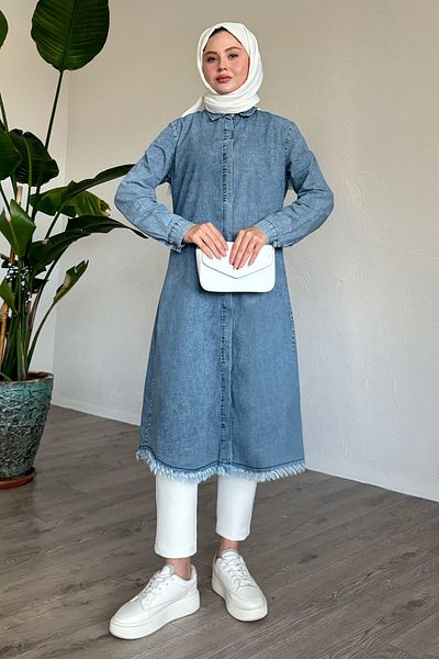 InStyle سترة زرقاء طويلة مع شرابات