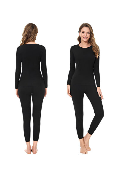 Wear Tight Women's Black Sports Look Thermal Underwear Bottom Top Set