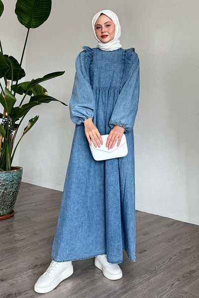 InStyle Rochie albastră din denim cu mânecă cu balon cu volane
