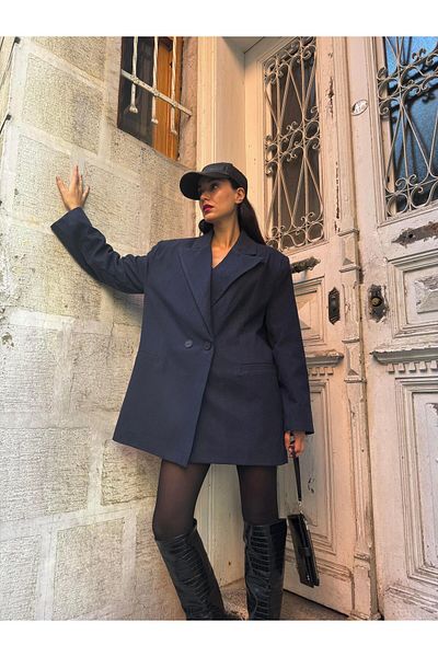 minaaise Jachetă oversize din poliviscon, albastru bleumarin, pentru femei 28265