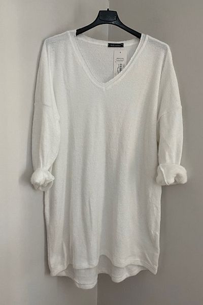 AYASOFYA OTANTIK Γυναικείο ιταλικό λευκό γιακά V Casual Oversize Πλεκτό Μακρύ Πουλόβερ