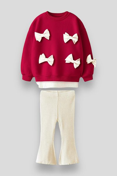 Magu Bow Detailed Cotton Sweatshirt Spanish Leggings Bottom-Top Set Girl's