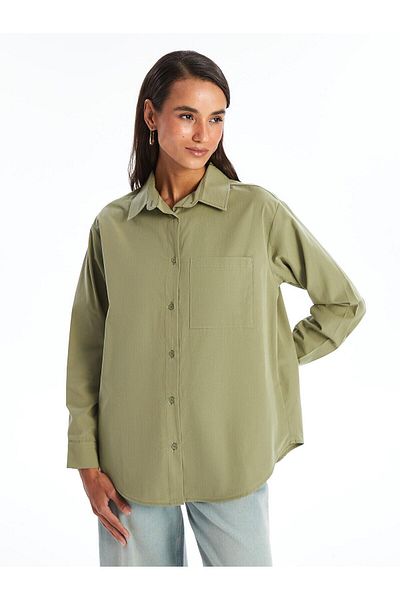 LC Waikiki Γυναικείο πουκάμισο LCW Modest ίσιο μακρυμάνικο υπερμεγέθη ποπλίνα