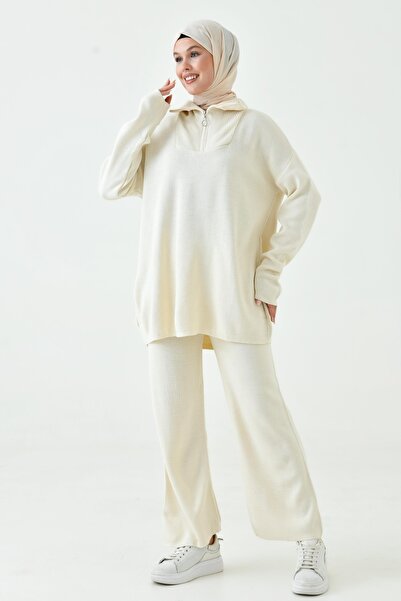 4S1B FASHION Cream Knitwear Hijab Set with High Waist and Sweater - 7000