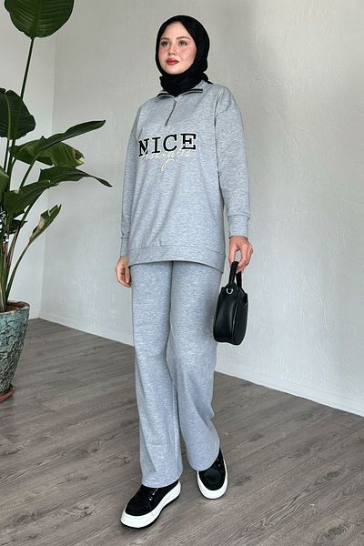 InStyle طقم مكون من قطعتين باللون الرمادي مع سحاب مكتوب جميل
