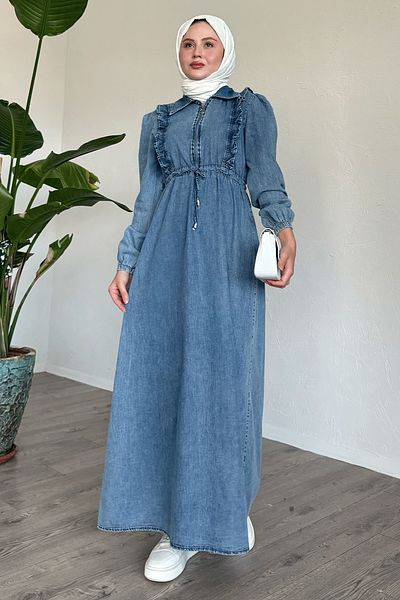 InStyle Rochie din denim albastru gheață cu detaliu cu volane