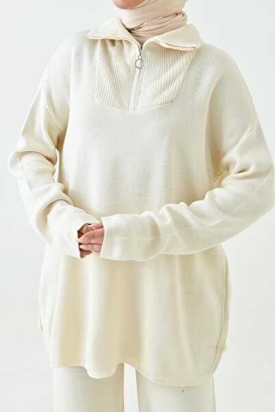 4S1B FASHION Cream Knitwear Hijab Set with High Waist and Sweater - 7000