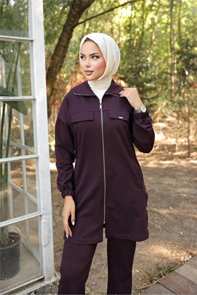 Genel Markalar Fermuarlı Cepli Çıtçıt Detayı İkili Tesettür Eşofman Takımı - (38-46) - 71207 - Mürdüm