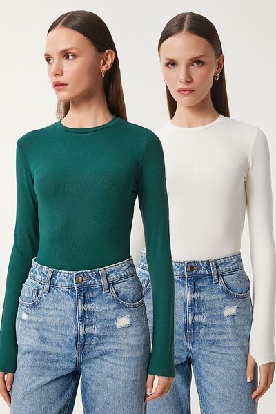 Lovelyİstanbul Crew Neck Finger Snap Basic Blouse - Ecru Emerald Green, 2-Pack Lcr0011