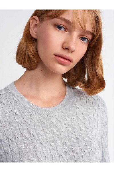 Dilvin 10476 Crew Neck Hair Braided Sweater-Grey
