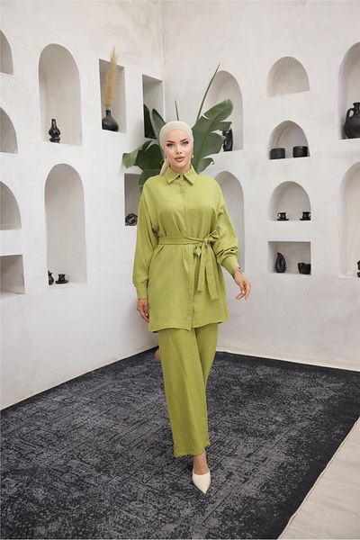 Bwest Shirt Collar Belt Detailed Double Set - 71199.001 - Green