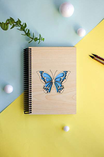 AdenDekor KELEBEK FİGÜRLÜ AHŞAP KAPAKLI DEFTER GÜNLÜK AJANDA ANI DEFTERİ