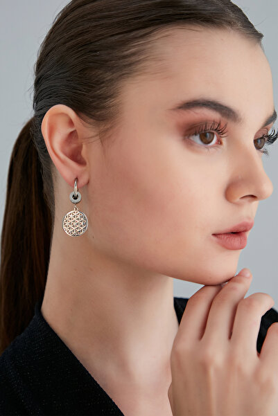 Lina Tia Kadın Halka Çiçek Tasarım Gümüş Kaplama Çelik Klipsli Sallantılı Uzun Zirkon Taşlı Bohem Küpe