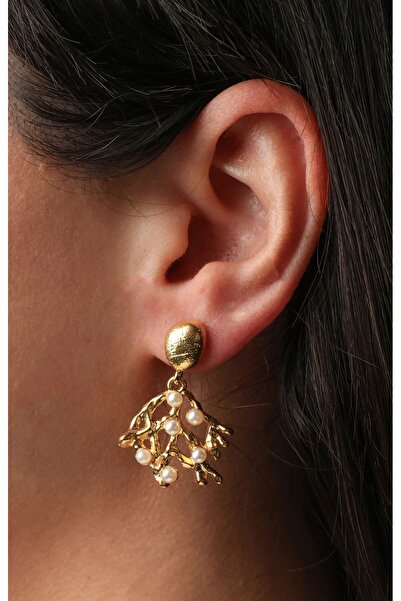 Alara Çetinkaya Altın Kaplama Inci Yaprak Çiçek Küpe