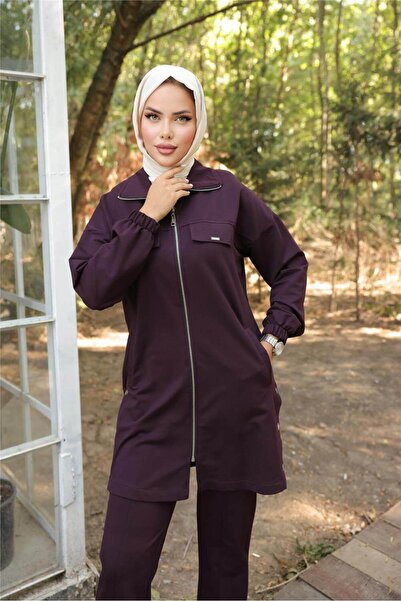 Genel Markalar Fermuarlı Cepli Çıtçıt Detayı İkili Tesettür Eşofman Takımı - (38-46) - 71207 - Mürdüm