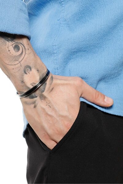 Fjellor Atanatar Erkek Siyah-gümüş Paslanmaz Düz Çelik Kelepçe Bileklik