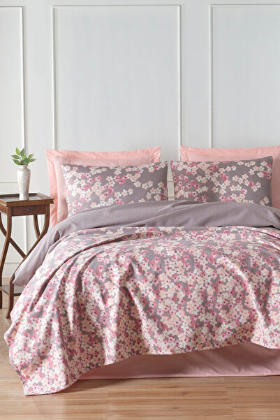 Enlora Home Baskılı Pike Takımı Çift Kişilik Piti Yaprak Mor