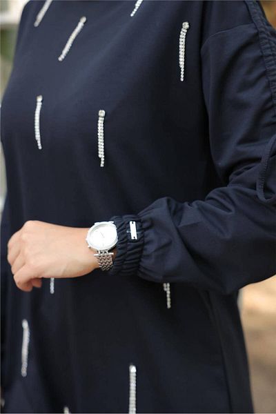Bwest O Neck Sleeve Lace-Up Stone Detailed Double Hijab Tracksuit Set - (38-46) - 71208 - Navy Blue
