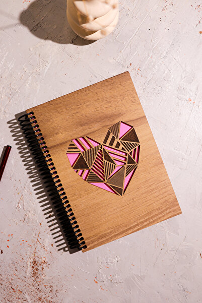 AdenDekor Ahşap Kapaklı Kalp Kesimli Defter, Ajanda, Anı Defteri, Günlük, Çiz...