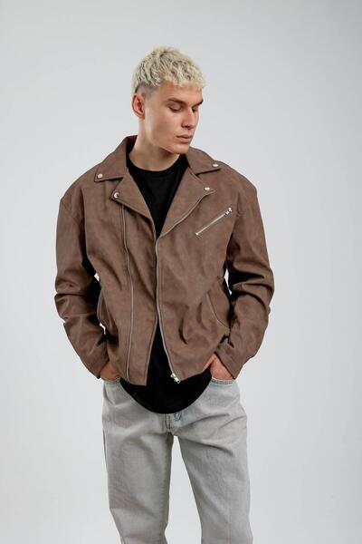 NOMARC Καφέ μπουφάν από συνθετικό δέρμα με φερμουάρ