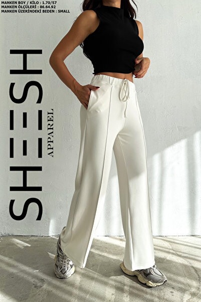 SHEESH APPAREL Yumuşak Dokulu Ekru Geniş Paçalı Modal Çimalı Palazzo Pantolon Eşofman Altı