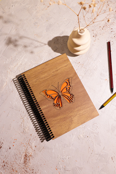 AdenDekor Kelebek Figürlü Ahşap Kapaklı Defter, Ajanda ,anı Defteri, Günlük, ...