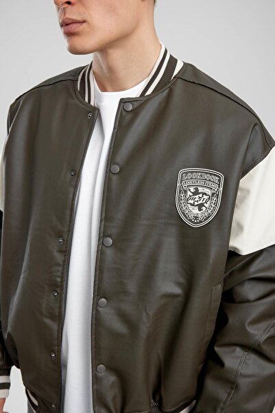 NOMARC Μπουφάν από συνθετικό δέρμα με κεντημένο χακί