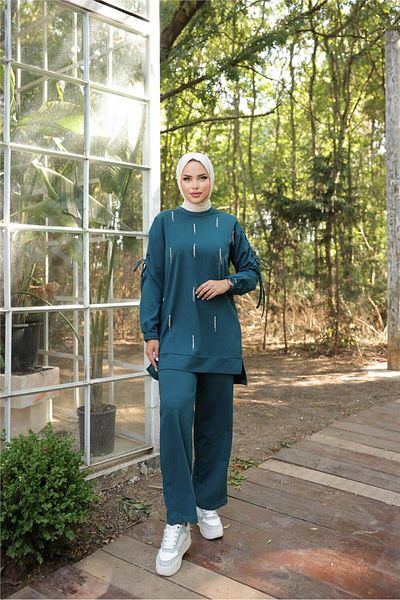 Bwest O Neck Sleeve Lace-Up Stone Detailed Double Hijab Tracksuit Set - (38-46) - 71208 - Dark Petrol