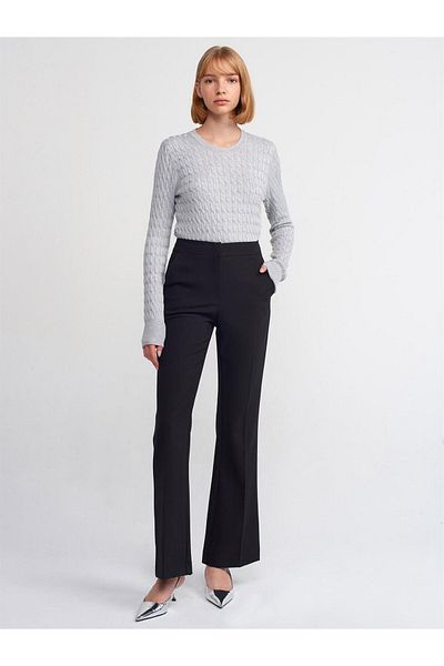 Dilvin 10476 Crew Neck Hair Braided Sweater-Grey