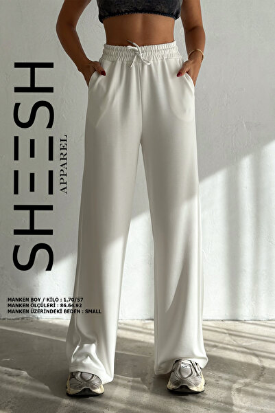SHEESH APPAREL Yumuşak Dokulu Geniş Paçalı Modal Kırık Beyaz Palazzo Pantolon Eşofman Altı
