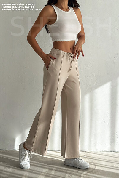 SHEESH APPAREL Yumuşak Dokulu Bej Geniş Paçalı Modal Çimalı Palazzo Pantolon Eşofman Altı