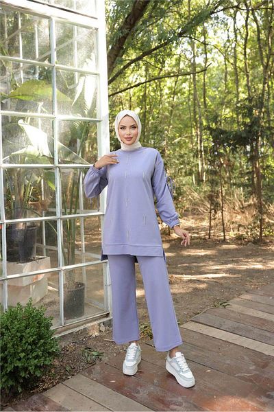 Bwest O Neck Sleeve Lace-Up Stone Detailed Double Hijab Tracksuit Set - (38-46) - 71208 - Lilac