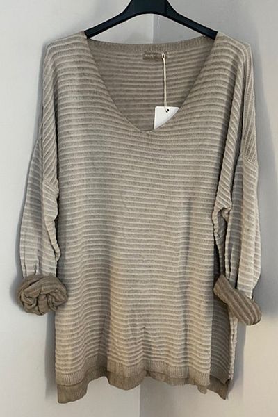 AYASOFYA OTANTIK Women's Italian Beige V Neck Striped Loose Long Sleeve Loose Oversize Knitwear Blouse