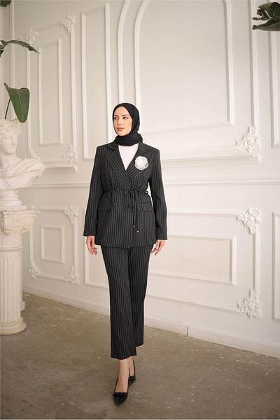 Bwest Black Double-breasted Jacket and Lace-up Waist Set - 50021.003