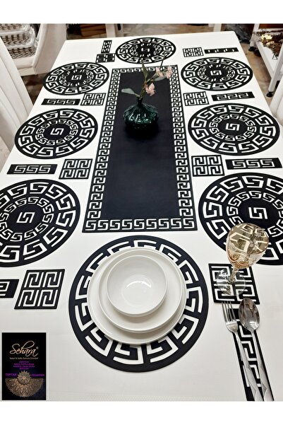 SEHARA طقم تقديم طعام أسود - 1 عداء، 8 قطع تقديم أمريكية، 25 قطعة، حامل ملعقة وقاعدة