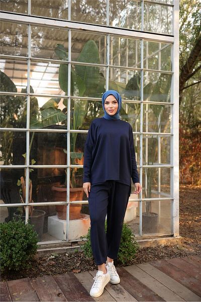 Bwest Long Back O Neck Short Sweat-Pants Double Tracksuit Sports Set - (38-46) - 71216 - Navy Blue