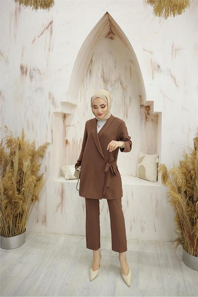 Bwest Side Tie Crepe Jacket Double Set - 71194.028 - Brown