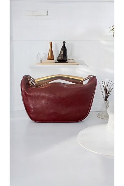 Bagliore Royal - Vegan Deri Gold Metal Saplı Fermuar Kapamalı El, Omuz ve Çap...