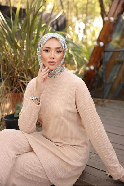 Bwest O Neck Short Tunic Trousers Simple Double Hijab Tracksuit Set - (38-46) - 71219 - Beige